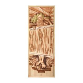 Дверь глухая из цельного массива "Озорной Дед", резное 3D полотно, 1,9х0,7 м, липа Класс А, короб из сосны "Банные штучки" - фото